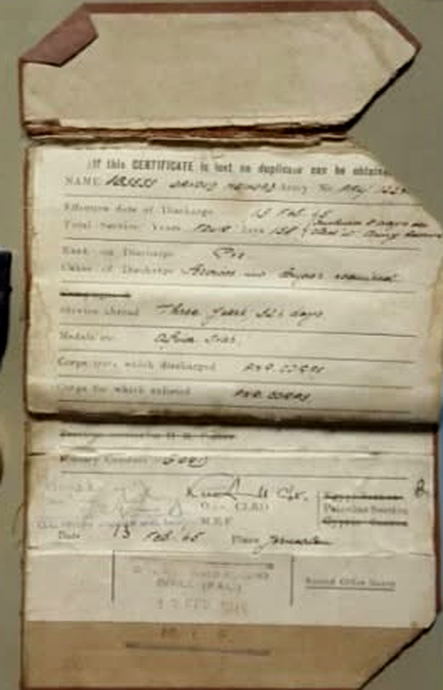 תעודת שחרור מקורית 1945